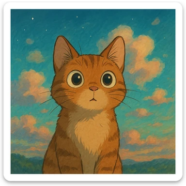 a curious cat with big eyes and a dreamy background in Ghibli style sticker