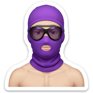 shirtless athletic man with white skin, wearing a purple balaclava face mask and purple sunglasses with black tinted lenses sticker