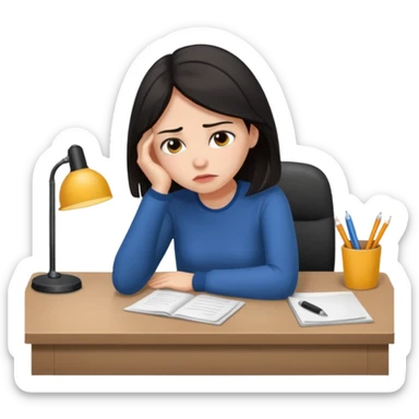  iOS emoji style - An sad and overwhelmed woman sitting at a desk. She has dark hair. sticker