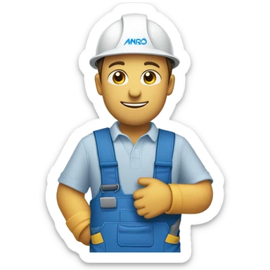 a construction man folding a machine with blue working clothes and with a blue and white logo with the name angro sticker