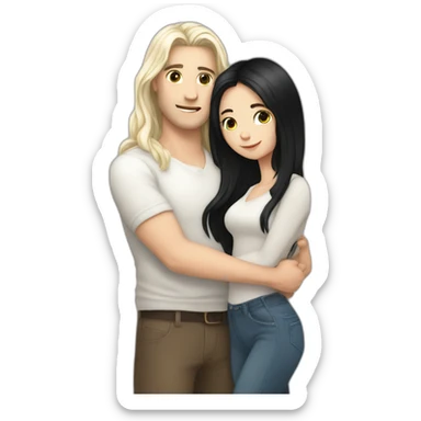 white skin long hair guy is hugging a white skin black hair girl sticker