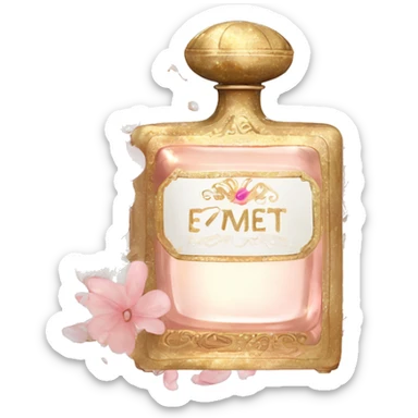 Vintage perfume bottle in antique Greek style, white, pink and beige, oil perfume inside, sequins and flowers fluttering around sticker
