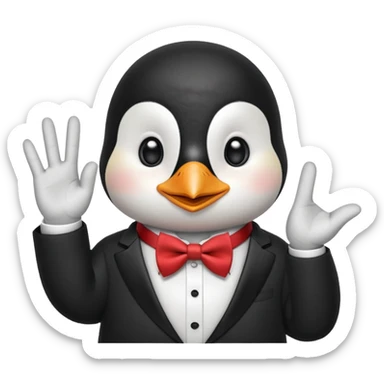 Un pinguino con una pajarita roja haciendo el gesto con la mano abierta de cumplir una promesa sticker