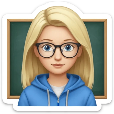 a woman, blonde highlights in hair, glasses and blue eyes. teacher, with a hoodie on and hair longer than shoulders sticker