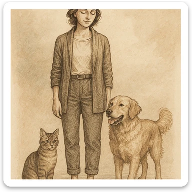 a woman standing with a cat and a dog near her on the right side, in a detailed and artistic illustration style sticker