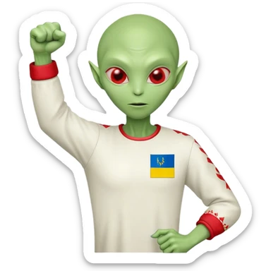 Green alien in Shirt 👚 vyshyvanka, white with red embodiary on sleeved, with 🇺🇦 Ukraine flag in a hand and 💪 sticker