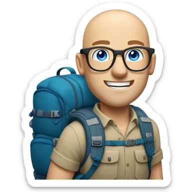 Bald man with glasses pale skin buff muscles blue eyes with a large backpacking backpack on with hiking poles sticker