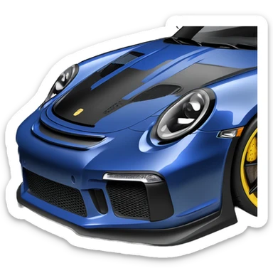 GT3RS in Royale blue with a black hood, blue spoilers, black text, black rims, and yellow headlights, sticker