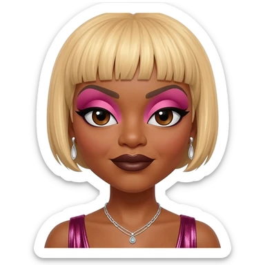 Tionne T-Boz Watkins from TLC with dark brown eyes, short blonde hair, pink eyeshadow, dark brown lipstick, dark pink metallic grecian dress, silver necklace and earrings sticker