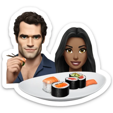 realistic photo of Henry Cavill eating sushi with a beautiful  victoria secret model  sticker