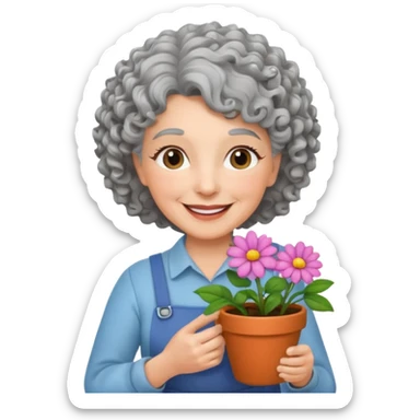 Older female florist – curly hair, hold flower pot sticker