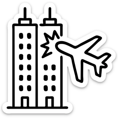 minimalist icon of two towers and an airplane hitting the left one sticker