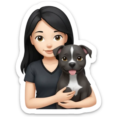 girl with long black hair wearing a black v neck t shirt holding smiling grey Staffordshire bull terrier  sticker