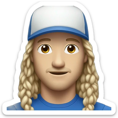 white skinned guy who is strong with black mid longhair with blue cap sticker