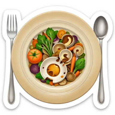 dirty plate from food scraps and vegetable leftovers, small fork and spoon resting on the plate sticker