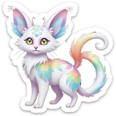 Pure-snow-White albino iridescent with pastel rainbow-gradients-color-markings with swirly patterns butterflies  faerie-Noivern-Noibat-Purloin-Torracat-Lykoi-Caracal-cat-Fakemon-fusion-hybrid-creature sticker