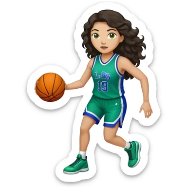 full figure plus size light latino women basketball player with wavy dark hair wearing blue and green uniform sticker