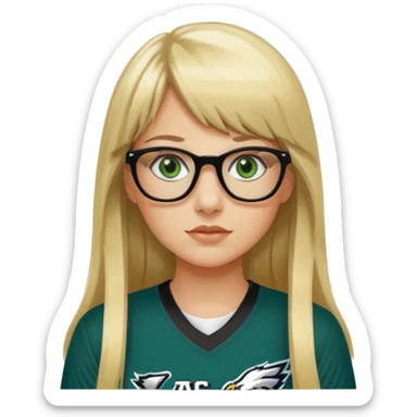 long blonde hair with bangs black glasses female green eyes football player wearing eagles jersey number 33 sticker