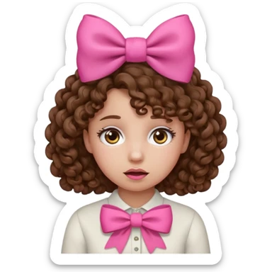 Curly hair girl, Pleading Face emoji, using pink bow sticker