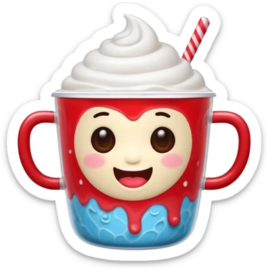 expressive LINE emoji of cute shaved ice character in a see-through MEGA COFFEE cup, red beans and milk drizzle, round eyes, chubby cheeks, joyful expression sticker