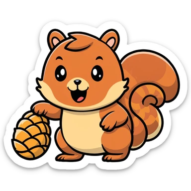 Greedy little squirrel with a large pine cone balanced on top of its head, with an unsettling strange expression, looking hungry sticker