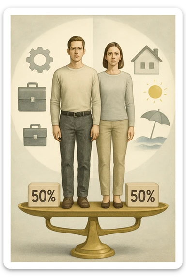 Uomo e donna in piedi l’uno accanto all’altra, al centro di una bilancia perfettamente in equilibrio. Entrambi vestiti in modo simile (moderno e neutro), con espressioni serene e rispettose. Sotto i loro piedi, due blocchi con scritto '50%' ciascuno. Sullo sfondo, elementi divisi simmetricamente: lavoro, famiglia, tempo libero, rappresentati equamente da entrambi. Atmosfera armoniosa, illuminazione equilibrata, colori neutri e simbolici (bianco, grigio, blu e oro). Stile realistico con accento simbolico sul concetto di equità sticker