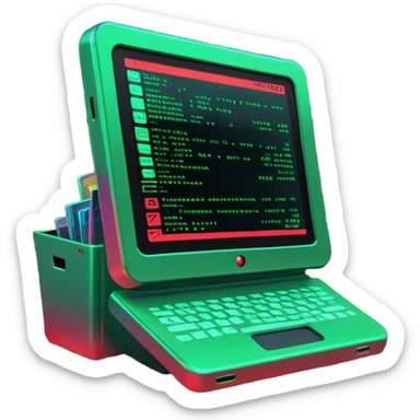 A sleek digital terminal with a holographic interface showing files being uploaded, data packets represented as trash icons, the screen glitching and exploding with red error symbols, tech dystopia vibes, neon greens and reds, circuit patterns in background --v 5 --ar 3:2 --style sci-fi --chaos 30 sticker