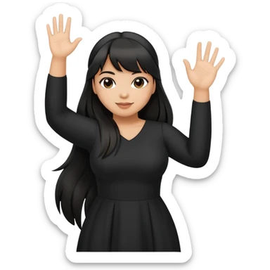 Latina girl with bangs black long hair in pony tail plus size black dress waving hand sticker