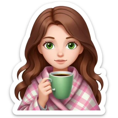 a girl with long brown hair and green eyes wrapped in a soft pink plaid with coffee in her hands sticker