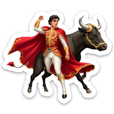 ​Cinematic Realistic Spanish Matador in Action, depicted in an ornate traje de luces with a flowing red cape, captured in the dramatic moment of confronting a charging bull in a traditional bullring, rendered with dynamic motion and dramatic lighting that encapsulates the intensity and artistry of the spectacle, sticker