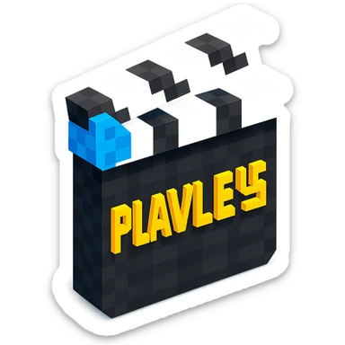 voxel style movie clapperboard with the text 'PLAVLEYS', black body, white lid, isometric view sticker