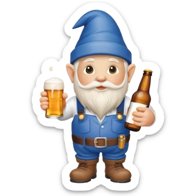 Garden gnome wearing plumber clothes holding a bottle of beer sticker