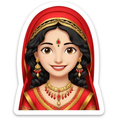 a pretty bratz fair indian girl wearing a red indian wedding outfit with dupatta on head,  golden jewellery, black wavy hair sticker