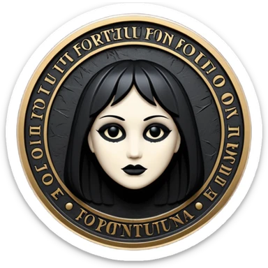 Emoji style, luxury gothic coin made of blackened metal, “FORTUNA” engraved in refined fashion typography, heavy sculptural form, subtle worn metal texture, avant-garde editorial aesthetic, no glow, no neon, flat emoji design, centered, transparent background sticker