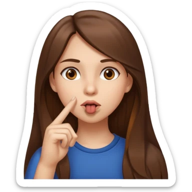 Emoji Fille cheveux long et brun yeux brun avec un doigt dans la bouche que la mains sois plancher vers en bas et que elle regarde comme si elle est coquine  sticker