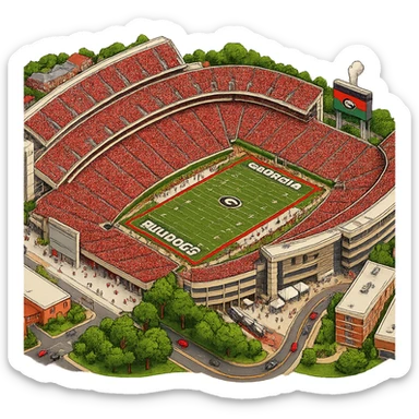 Изометричная, яркая, детализированная и фотореалистичная иллюстрация стадиона Sanford Stadium в стиле 3D-коллажей городов, насыщенные цвета, аккуратные и чёткие линии, мультяшно-реалистичная стилистика. Чёткие контуры, не размазанные линии, прозрачный фон, высокое качество. sticker