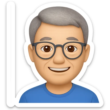 Make the middle aged Asian man look a little older with slightly gray hair, keep glasses, smiling, in emoji style, no background. sticker