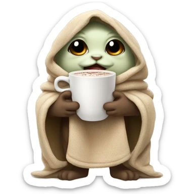Grogu wearing a blanket with a cup of hot chocolate  sticker