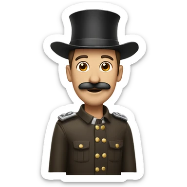 A guy with his hand in the air with a mustash and a general hat sticker