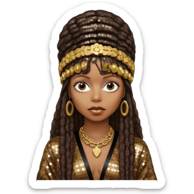 Erykah Badu with dark brown hair, dark brown sequin outfit sticker