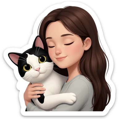 A young woman with long dark brown hair, hugging a black and white cow-patterned cat, 3D emoji style, white background. sticker