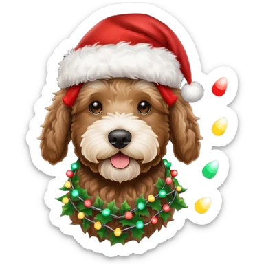 dark brown goldendoodle with a Santa hat and Christmas lights sticker