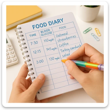 close-up of a female hand holding a food diary with notes on blood glucose and foods, colorful pen, organized atmosphere, realistic details, bright background sticker