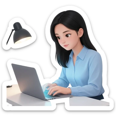 chica pelinegra, con partido de lado y con una computadora sticker