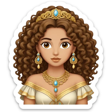 Beautiful Greek woman with very long puffy curly hair, wearing ornate gold jewelry and cute stylish clothes sticker