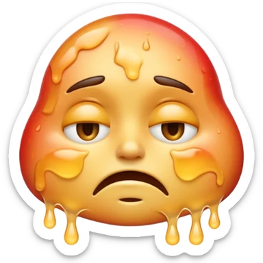 Apple-style emoji illustration of a melted, overheated face with sweat drops, expression annoyed, half-closed exhausted eyes, soft 3D emoji style, smooth gradients, rounded shapes, simple expression, centered composition. sticker