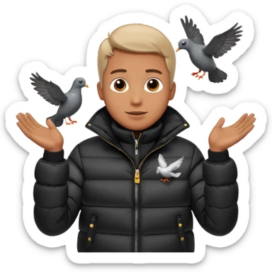 puffer shiny black jacket man open arms looking at a flying pigeon sticker