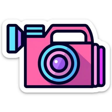 videographer's camera in pink and light blue colors, with neon glow lines, blue neon light on top left, purple neon light on bottom right sticker