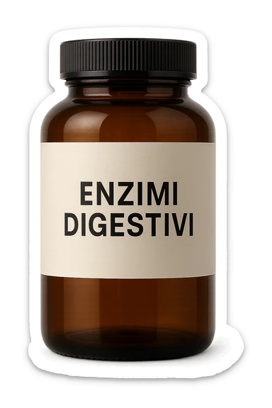 barattolo di integratore con la scritta "ENZIMI DIGESTIVI", iperrealistico 4k sticker
