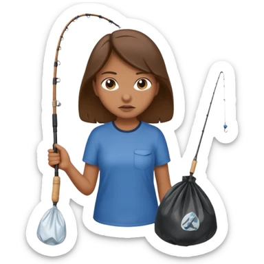 girl fishing, caught trash bag on rod sticker